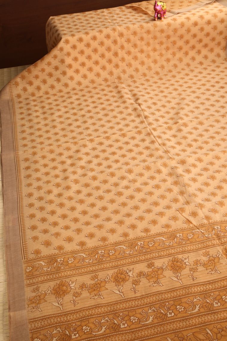 Merigold Orange Tussar Cotton Sarees with Gold Zari Floral Patterns view 2
