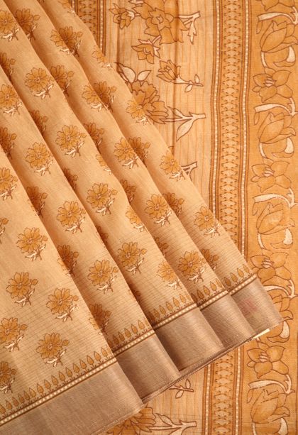 Merigold Orange Tussar Cotton Sarees with Gold Zari Floral Patterns
