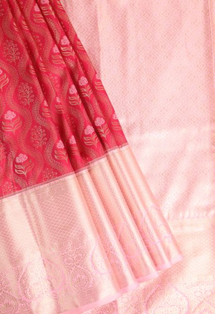 Rose  Red Apoorva Silk Sarees with Gold Zari Thilagam Puttas