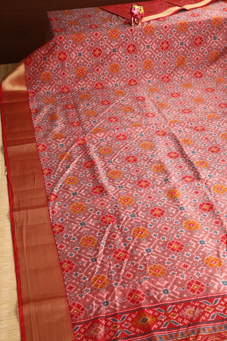Amber Orange Semi Tussar Silk with Gold Zari Pochamballi Pattern view 2