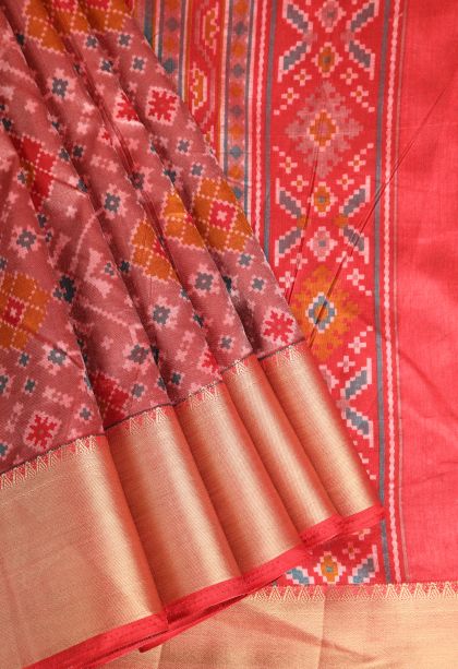 Amber Orange Semi Tussar Silk with Gold Zari Pochamballi Pattern