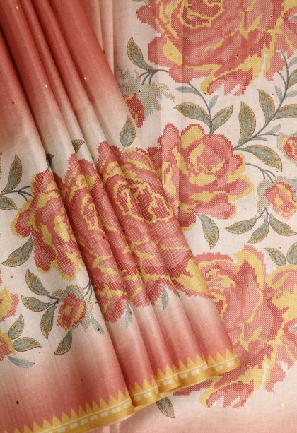 Coral Pink Tussar Saree with Without Zari Zari Mirror Jamiki Puttas