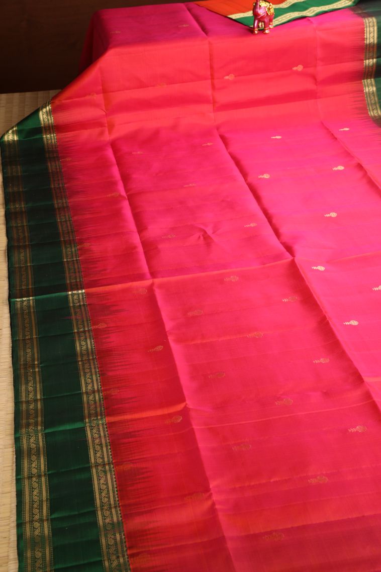 Strawberry Pink Soft Silk Saree with Gold Zari Floral Patterns view 2