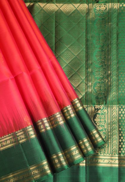 Strawberry Pink Soft Silk Saree with Gold Zari Floral Patterns