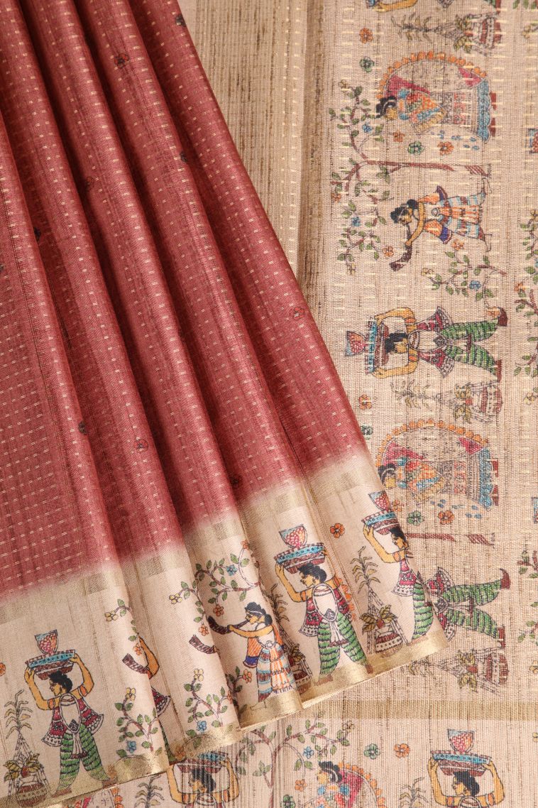 Rouge Pink Semi Tussar Silk with Gold Zari Checks And Puttas view 1