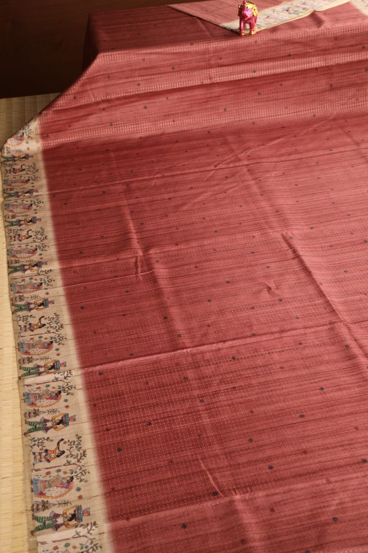 Rouge Pink Semi Tussar Silk with Gold Zari Checks And Puttas view 2