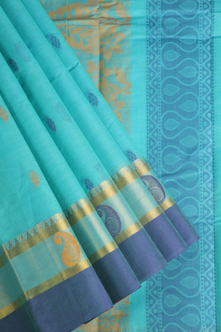 Arctic Blue Chettinad Cotton Sarees with Gold Zari Buttis (small Dots Or Motifs) view 1