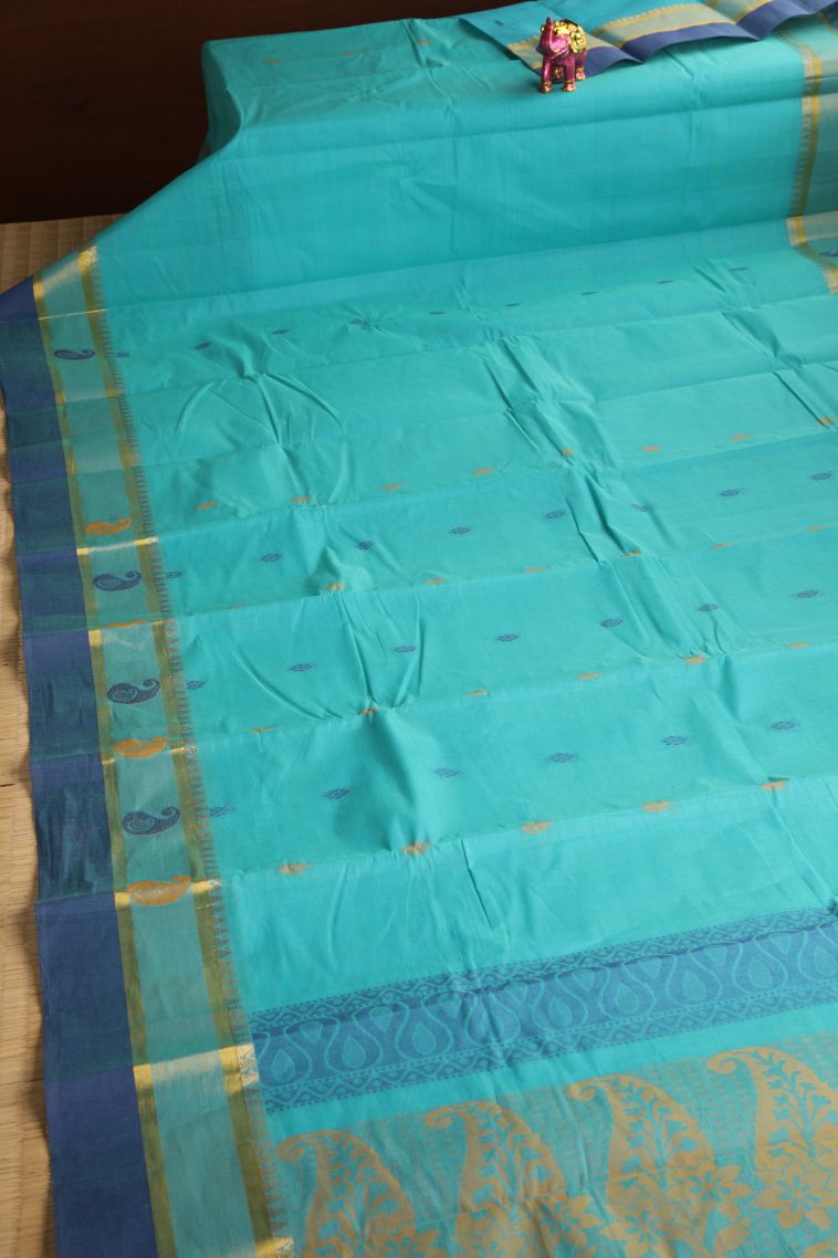 Arctic Blue Chettinad Cotton Sarees with Gold Zari Buttis (small Dots Or Motifs) view 2
