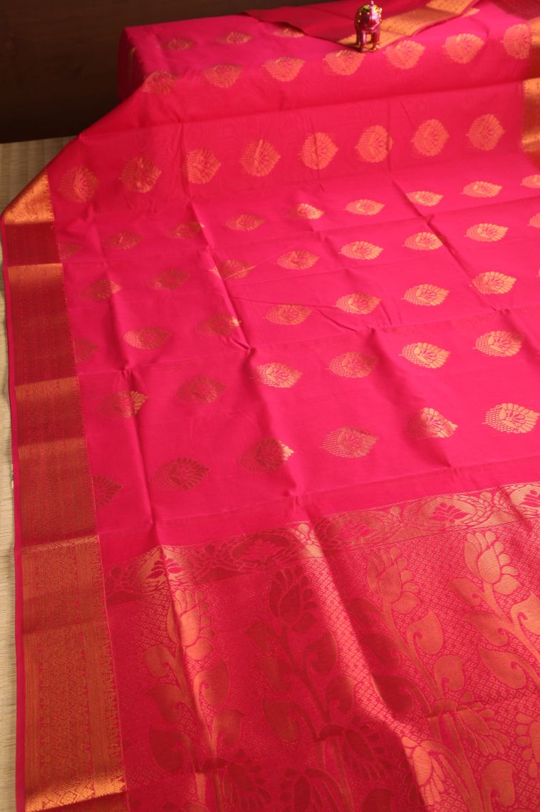 Hot Pink Silk Cotton with Gold Zari Thilagam Puttas view 2