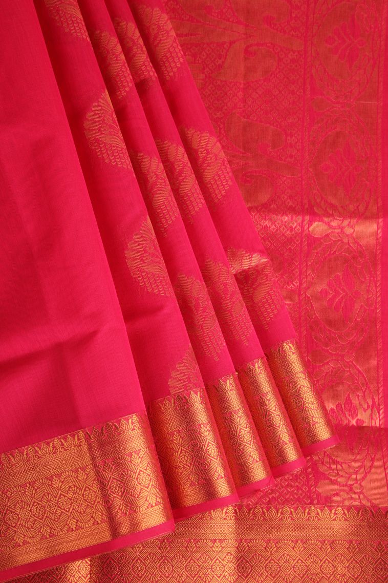 Hot Pink Silk Cotton with Gold Zari Thilagam Puttas view 1