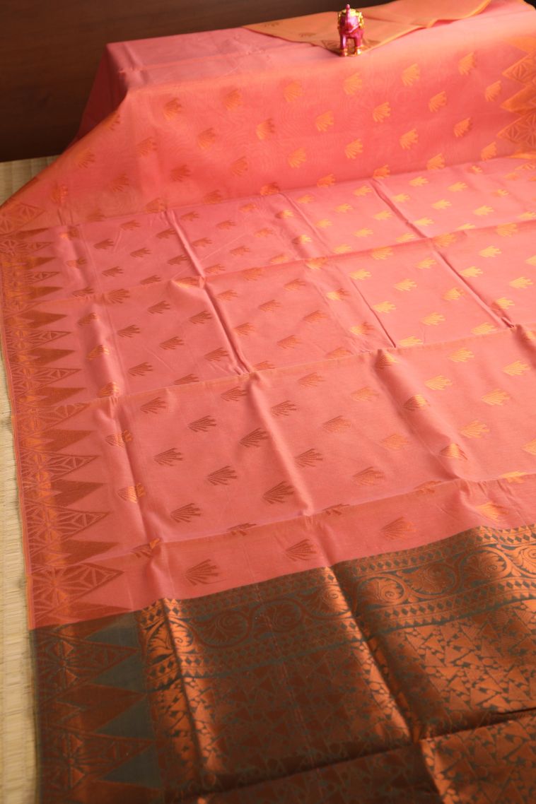 Coral Pink Silk Cotton with Gold Zari Floral Puttas view 2