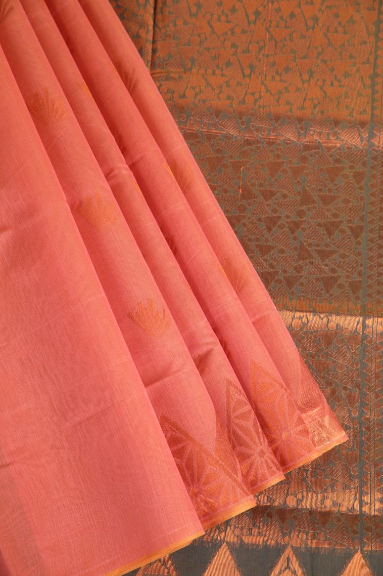 Coral Pink Silk Cotton with Gold Zari Floral Puttas