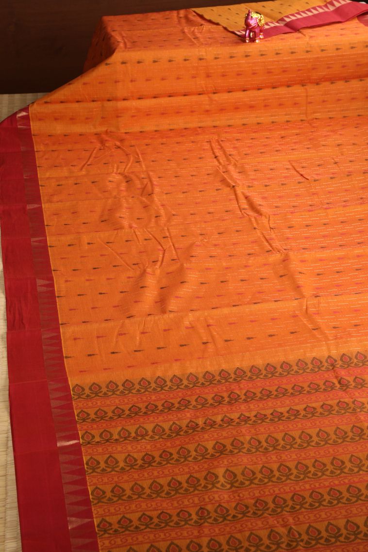 Candy Orange Chettinad Cotton Sarees with Without Zari Zari Temple Pattern view 2