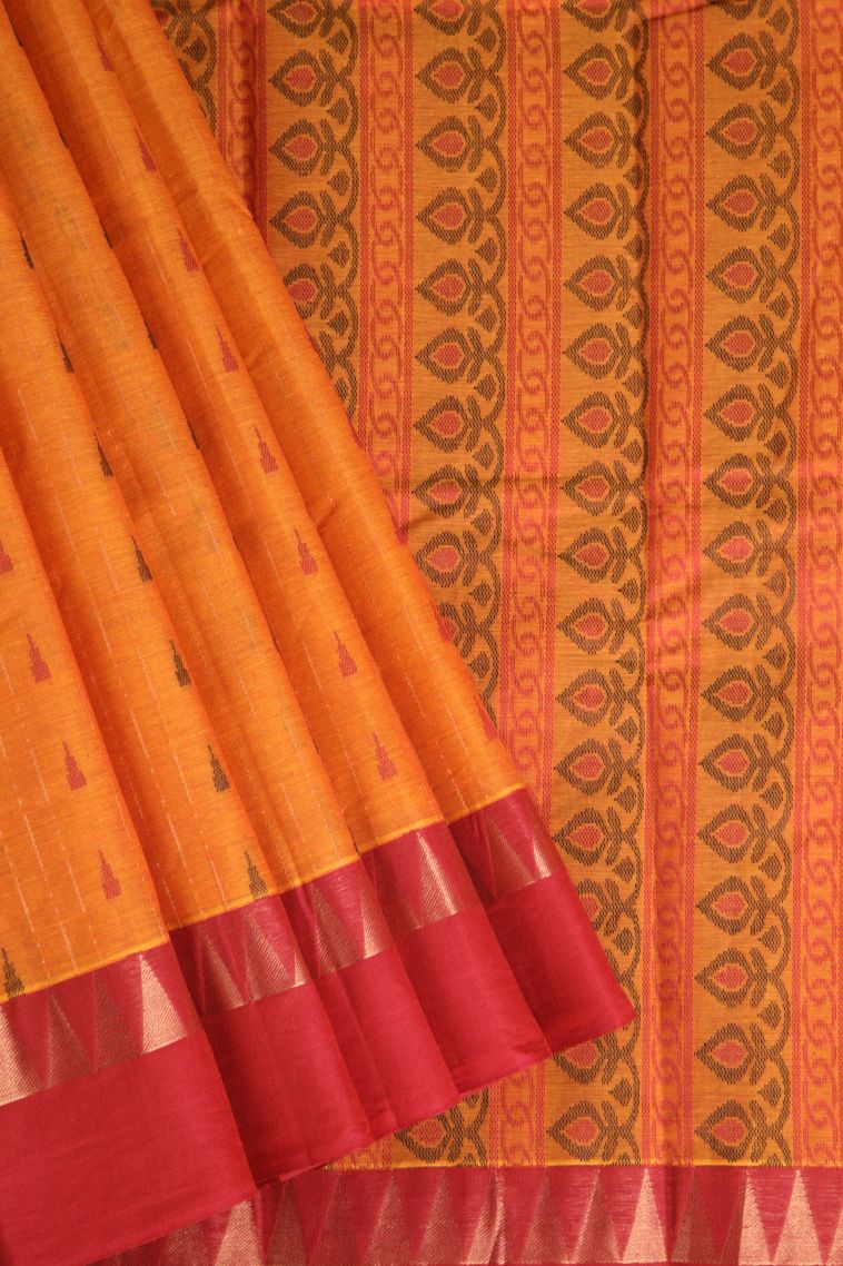 Candy Orange Chettinad Cotton Sarees with Without Zari Zari Temple Pattern view 1