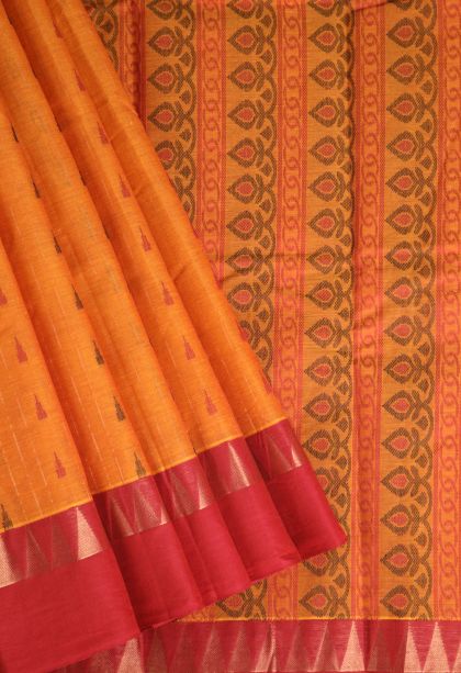 Candy Orange Chettinad Cotton Sarees with Without Zari Zari Temple Pattern