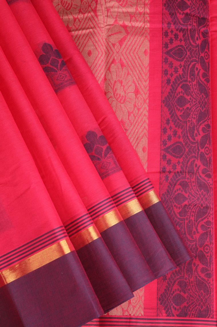 Rose  Red Chettinad Cotton Sarees with Without Zari Zari Floral Puttas view 1