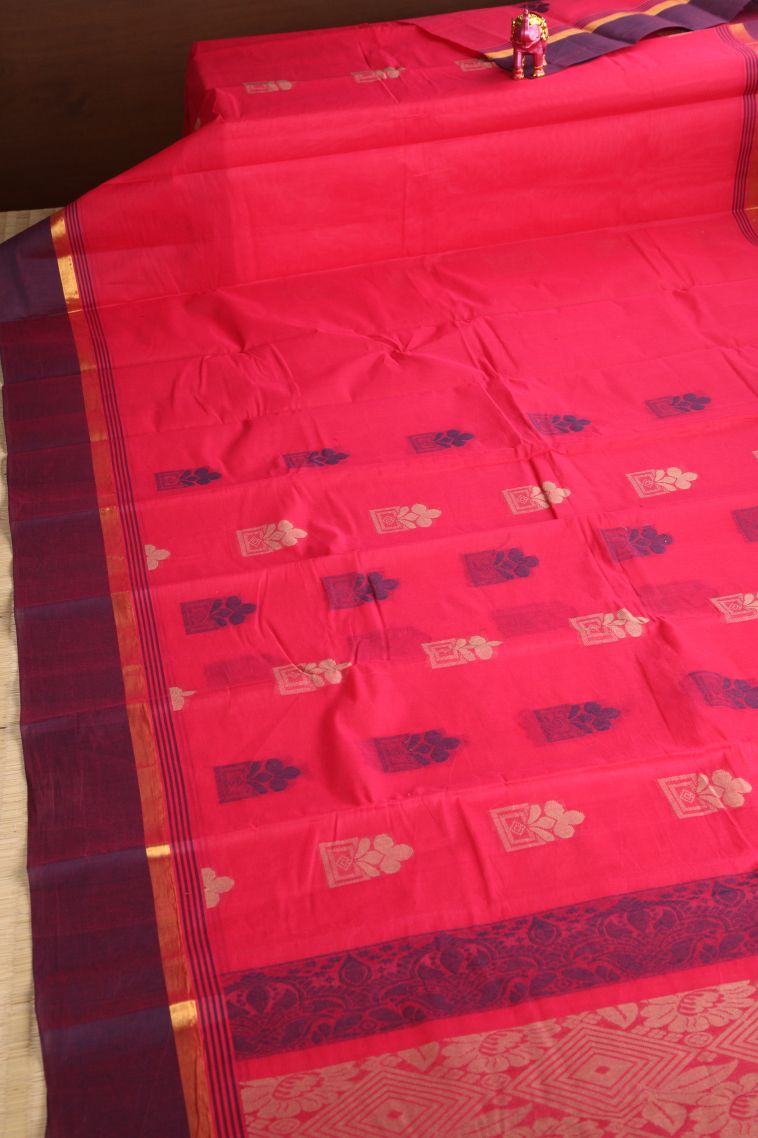 Rose  Red Chettinad Cotton Sarees with Without Zari Zari Floral Puttas view 2