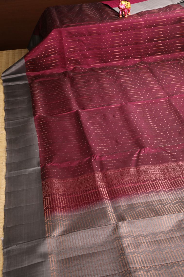 Cherry  Red Soft Silk Saree with Copper Zari Buttis (small Dots Or Motifs) view 2