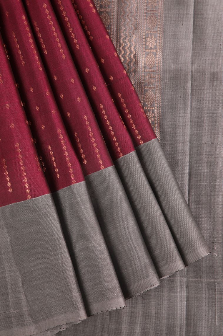 Cherry  Red Soft Silk Saree with Copper Zari Buttis (small Dots Or Motifs) view 1