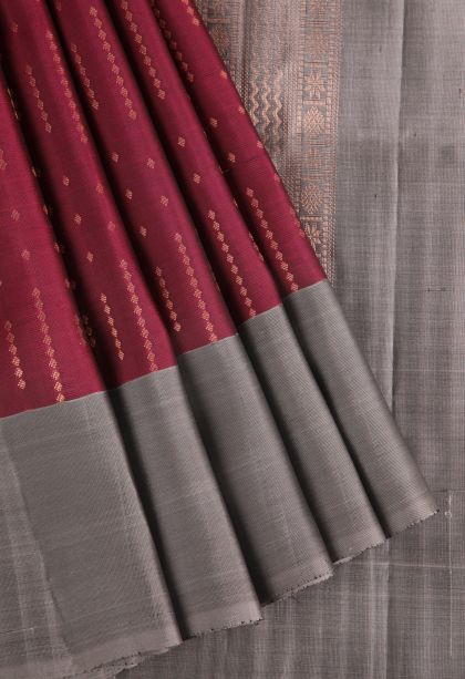 Cherry  Red Soft Silk Saree with Copper Zari Buttis (small Dots Or Motifs)