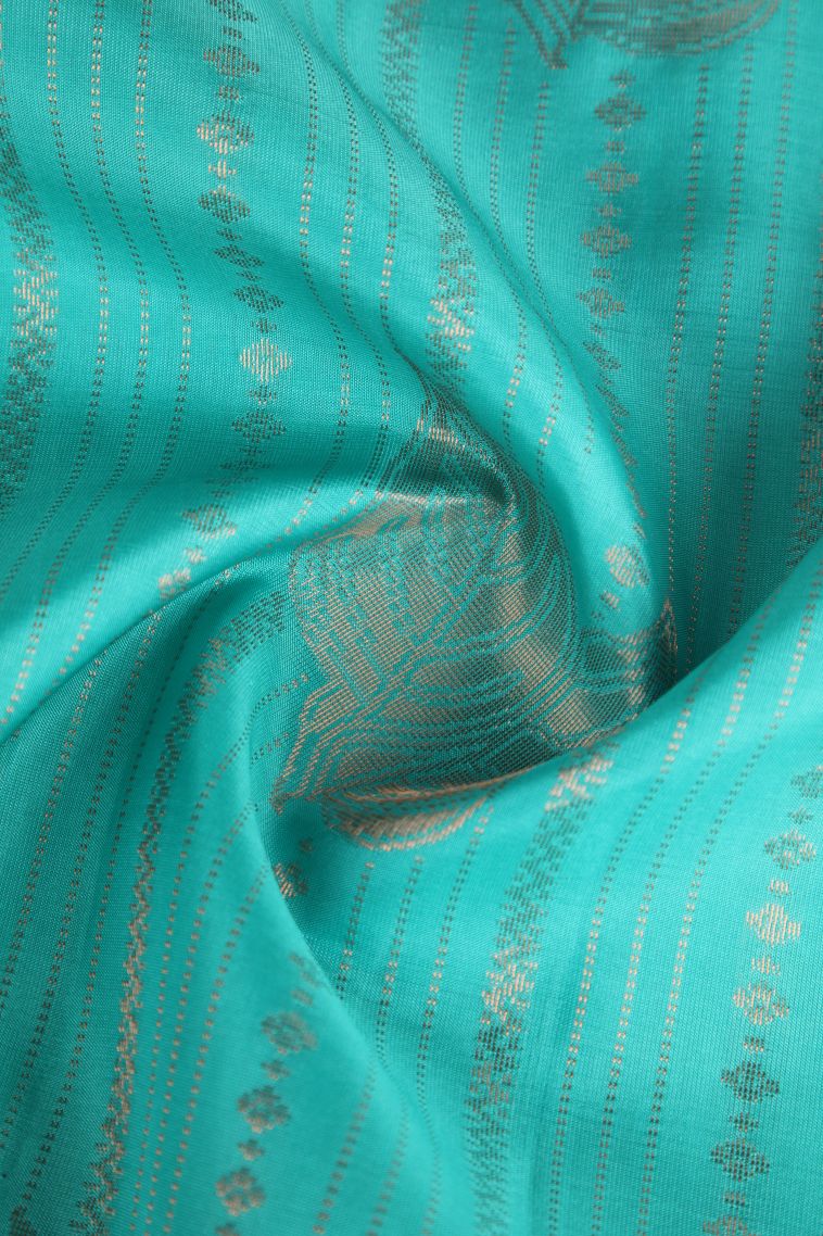 Teal Blue Soft Silk Saree with Copper Zari Floral Puttas view 4