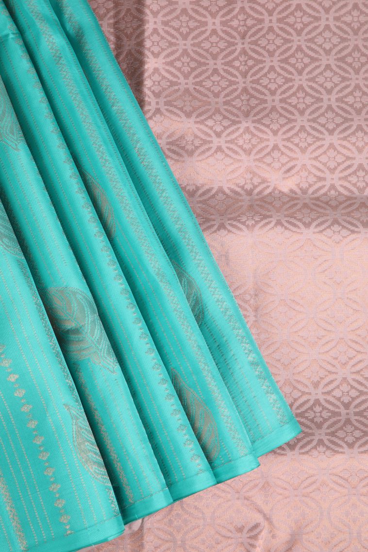 Teal Blue Soft Silk Saree with Copper Zari Floral Puttas view 1