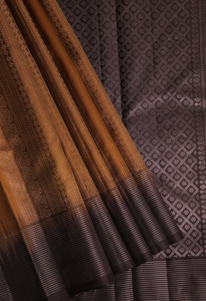 Tawny Brown Soft Silk Saree with Silver Zari Pannel Pattern