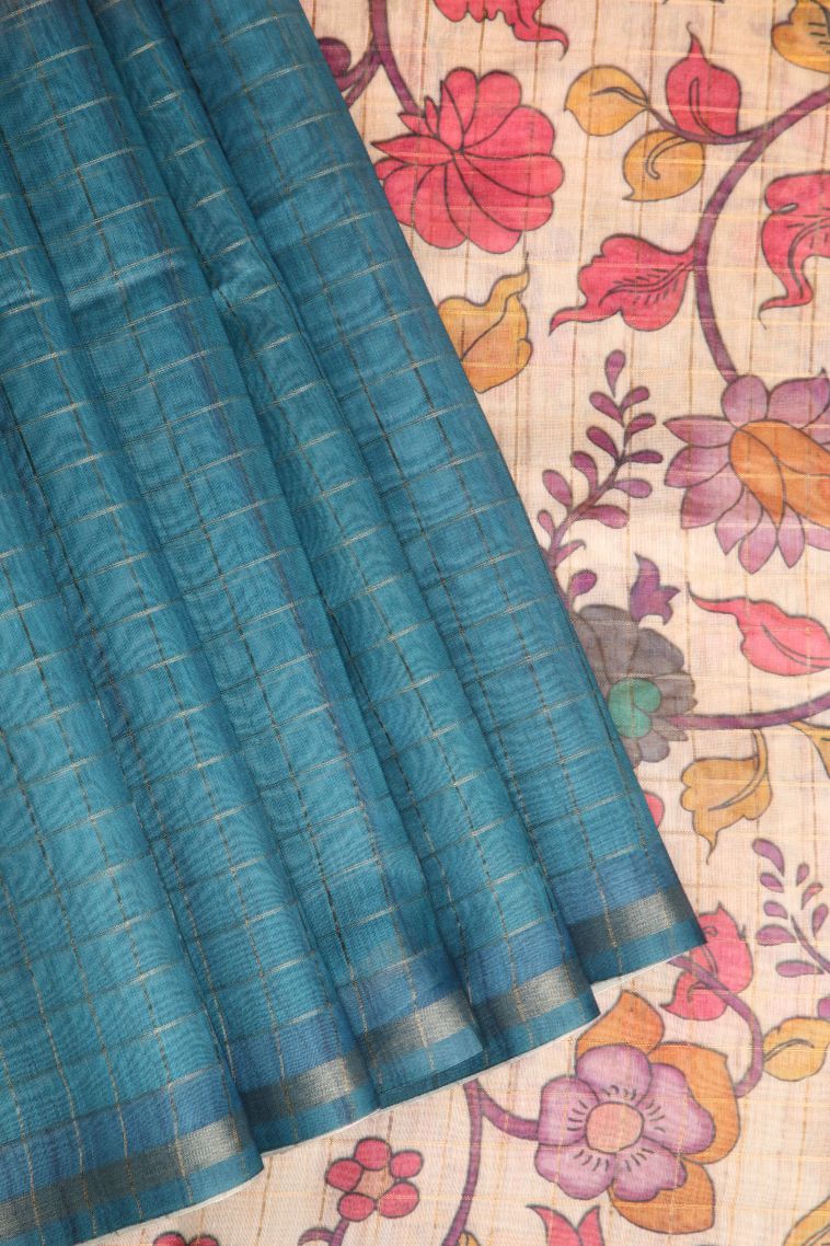 Aegean Blue Semi Tussar Silk with Gold Zari Checks view 1