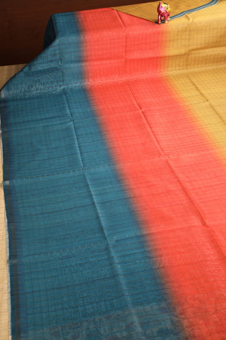 Aegean Blue Semi Tussar Silk with Gold Zari Checks view 2