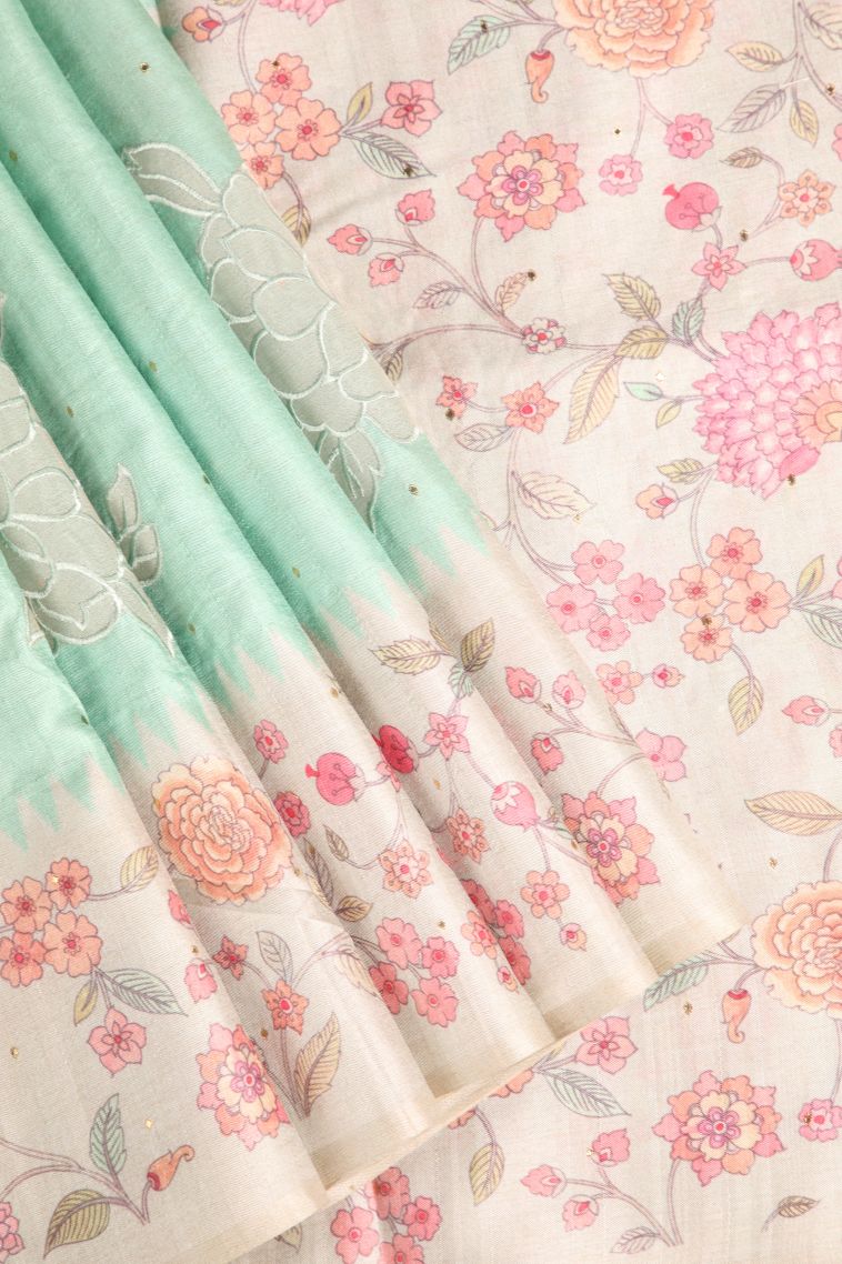 Mint Green Tussar Saree with Without Zari Zari Floral Puttas view 1