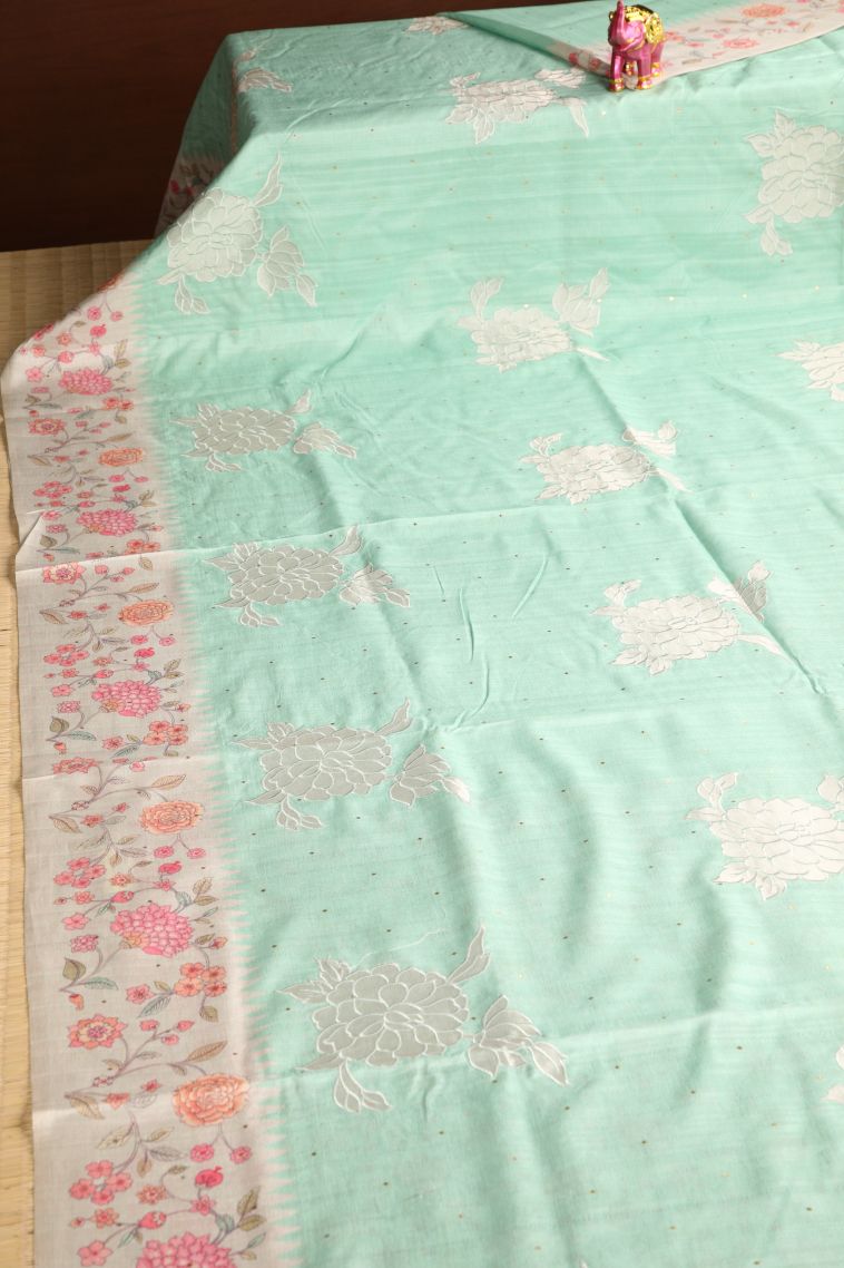 Mint Green Tussar Saree with Without Zari Zari Floral Puttas view 2