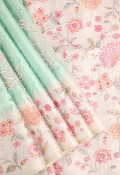 Mint Green Tussar Saree with Without Zari Zari Floral Puttas