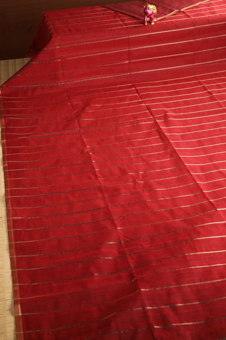 Candy Red Semi Tussar Silk with Gold Zari Stripes view 2