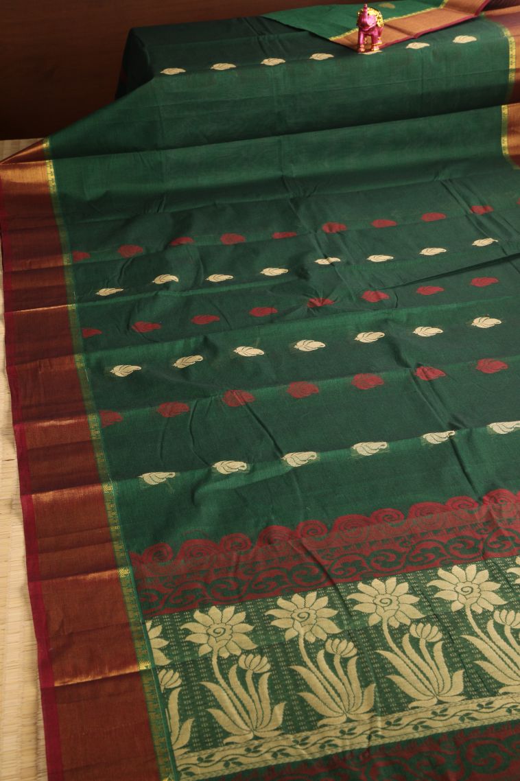 Bottle Green Chettinad Cotton Sarees with Without Zari Zari Manga view 2