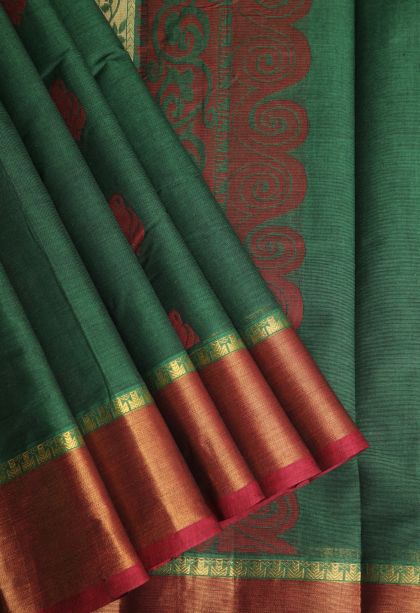 Bottle Green Chettinad Cotton Sarees with Without Zari Zari Manga
