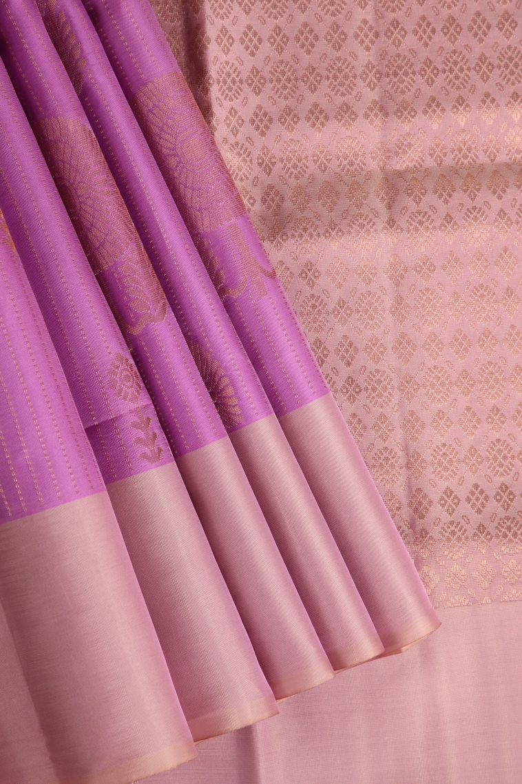 Lean Pink Soft Silk Saree with Copper Zari Floral Patterns view 1