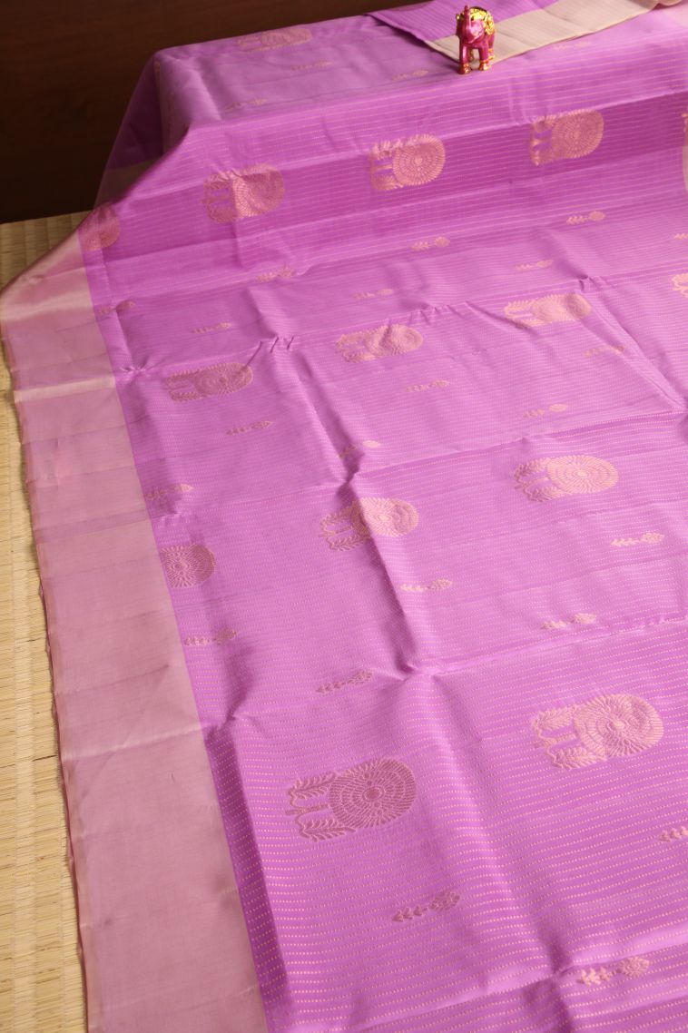 Lean Pink Soft Silk Saree with Copper Zari Floral Patterns view 2
