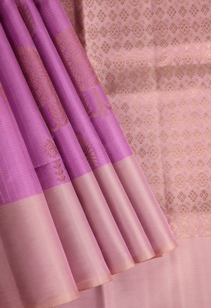 Lean Pink Soft Silk Saree with Copper Zari Floral Patterns