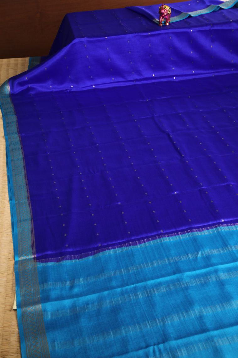 Cobalt Blue Mysore Silk with Gold Zari Buttis (small Dots Or Motifs) view 2