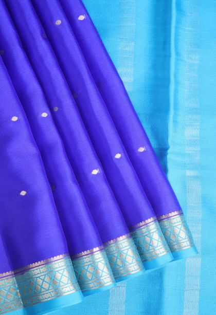 Cobalt Blue Mysore Silk with Gold Zari Buttis (small Dots Or Motifs)