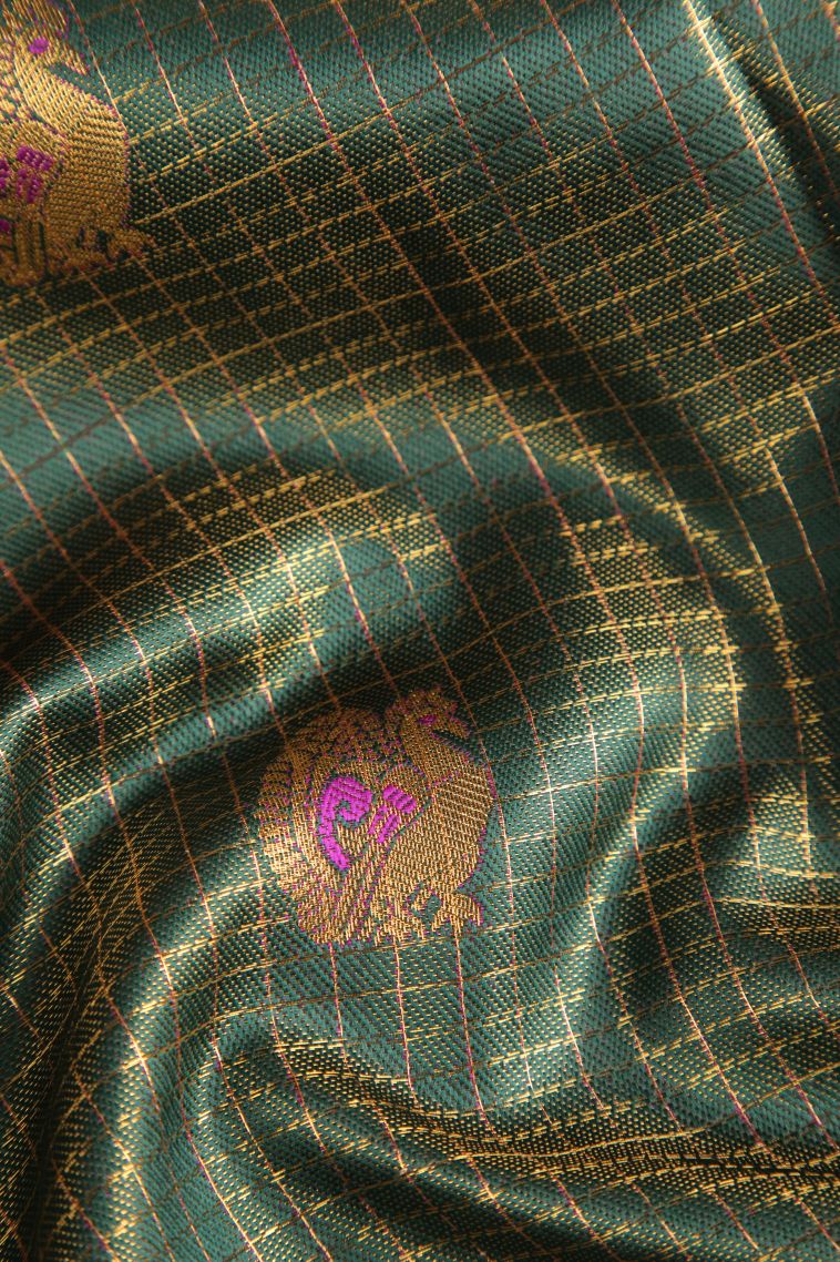 Pine Green Apoorva Silk Sarees with Gold Zari Peacock And Rudhractam view 4