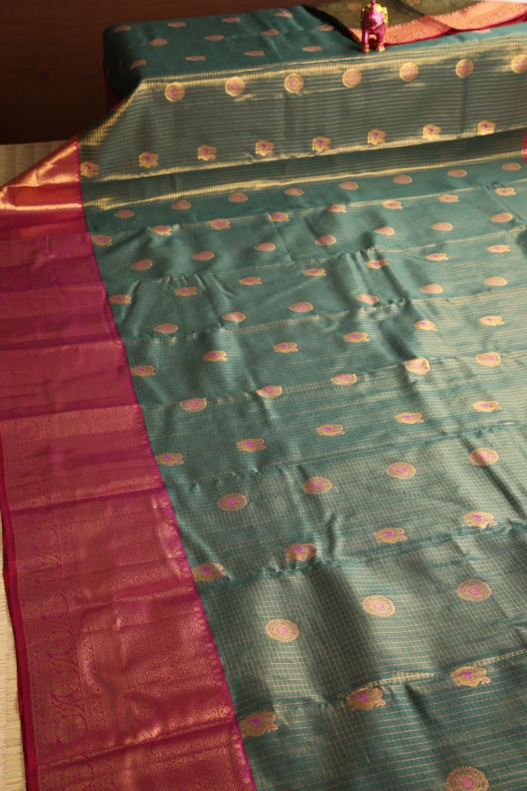 Pine Green Apoorva Silk Sarees with Gold Zari Peacock And Rudhractam view 2