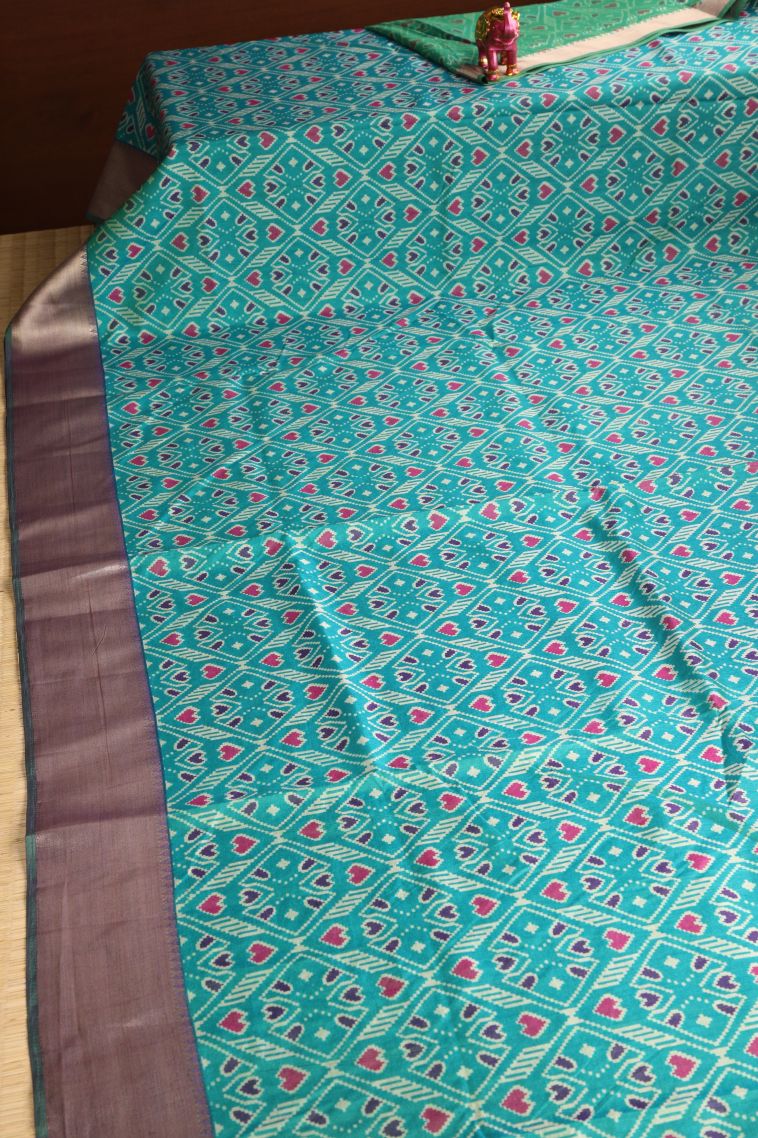 Sapphire Blue Semi Tussar Silk with Gold Zari Pochamballi Pattern view 2