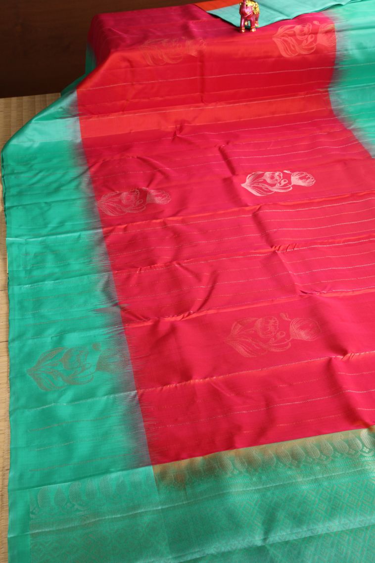 Candy Red Soft Silk Saree with Gold Zari Floral Puttas view 2