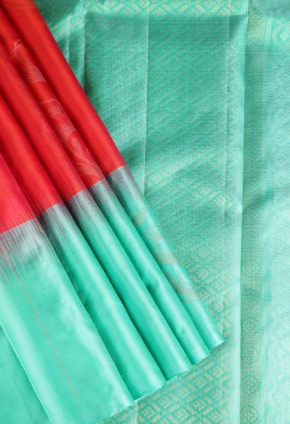 Candy Red Soft Silk Saree with Gold Zari Floral Puttas