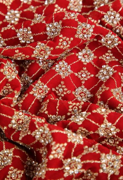 Candy Red Designer Sarees with Gold Zari Stone Work