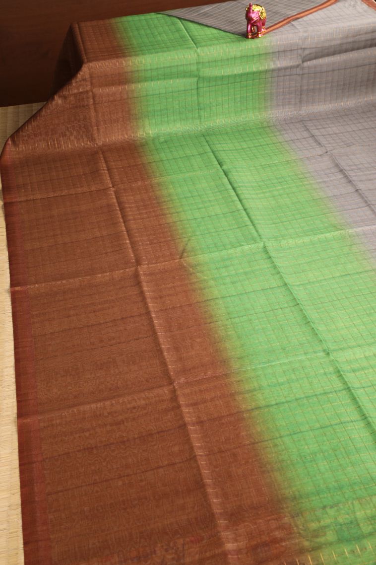 Tawny Brown Semi Tussar Silk with Gold Zari Checks view 2