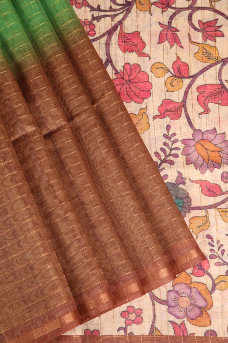 Tawny Brown Semi Tussar Silk with Gold Zari Checks view 1