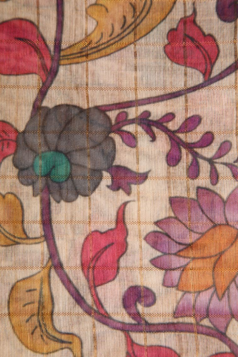 Tawny Brown Semi Tussar Silk with Gold Zari Checks view 3