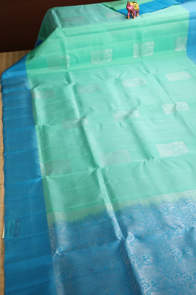 Mint Green Soft Silk Saree with Silver Zari Animal  Mottif view 2